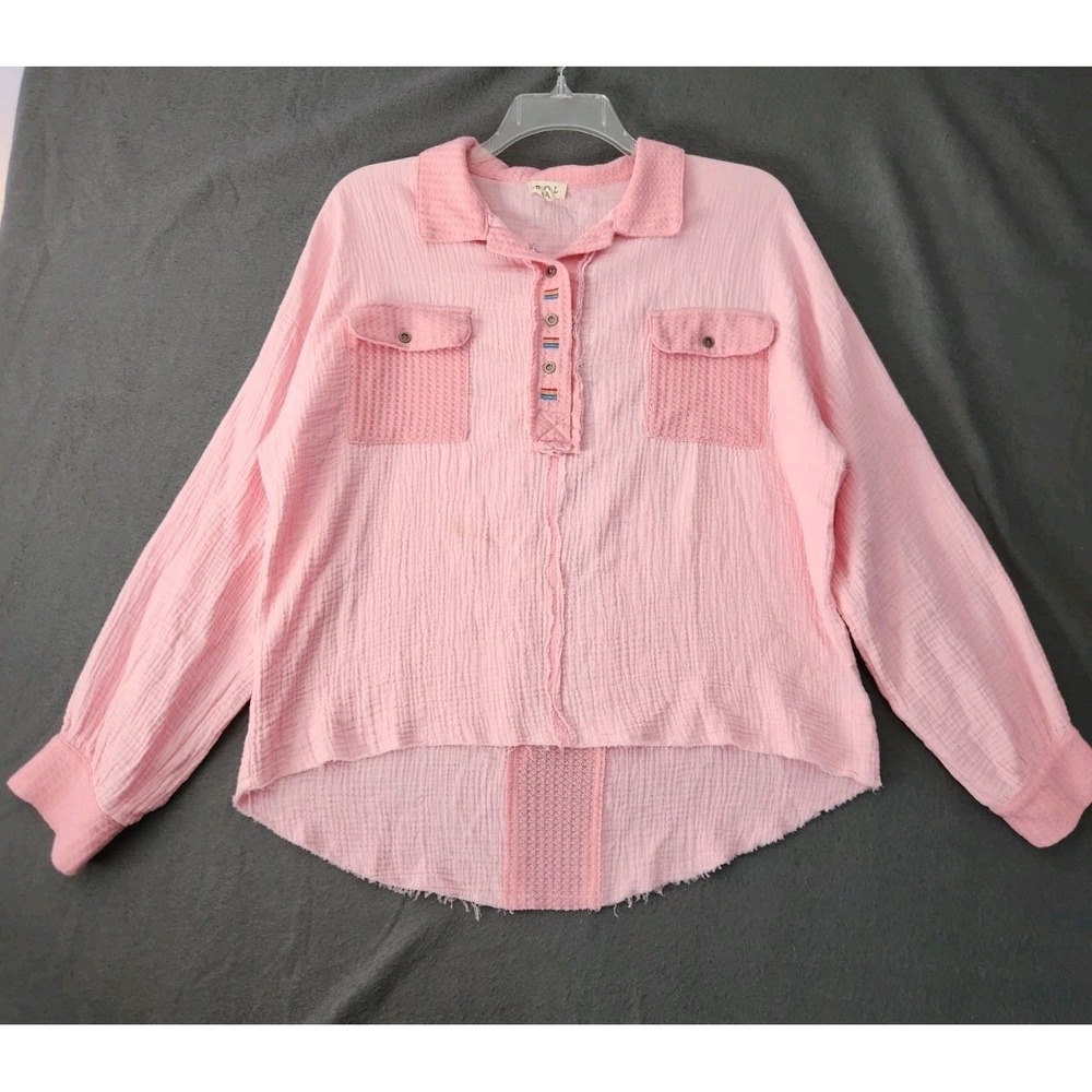 POL‎ | Oversized V-neck Pink Ballon Sleeve Boho Chic Patchwork Tunic Top M Gauze - Picture 2 of 11